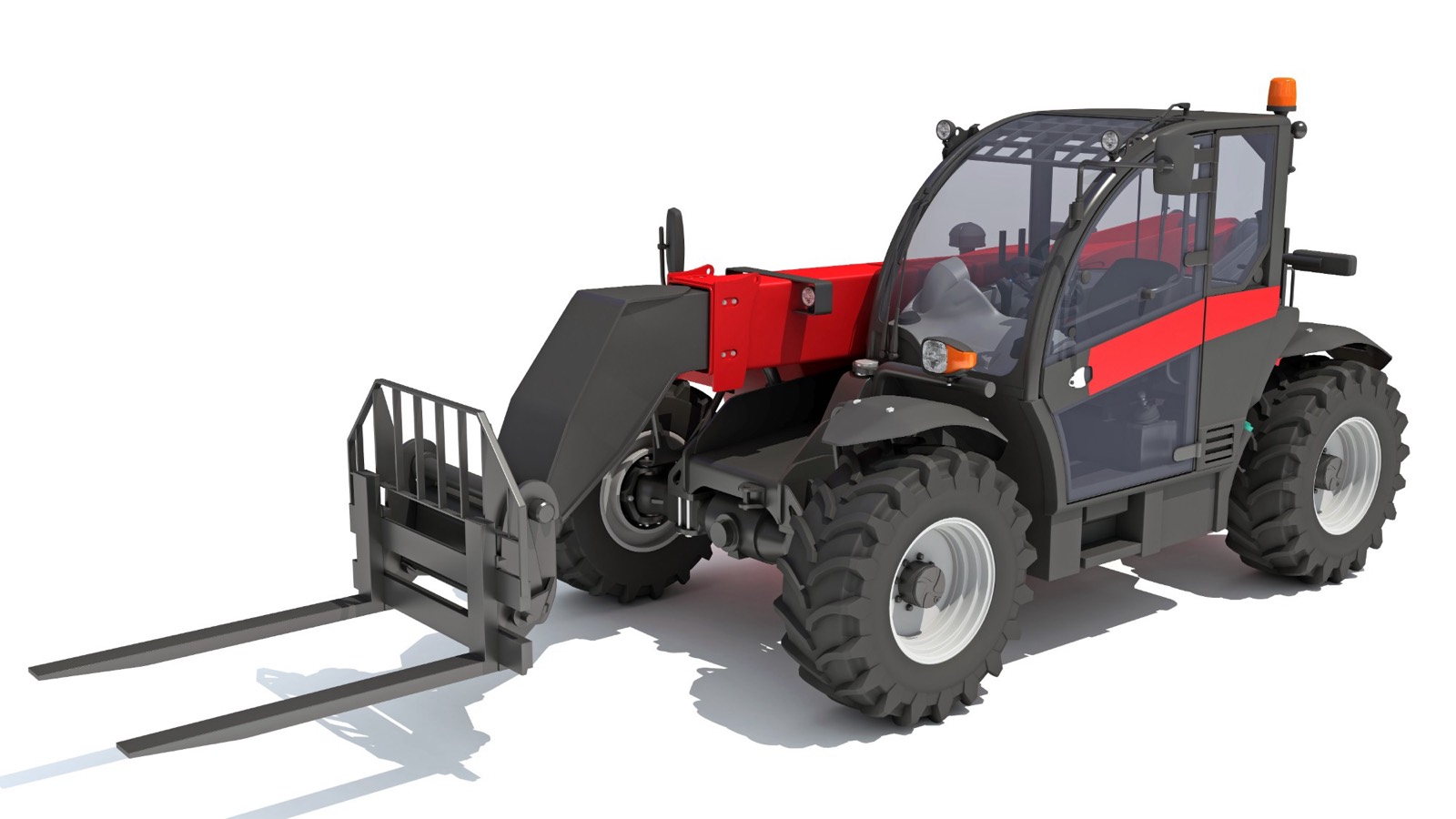 A red and black telehandler with forks on a white background